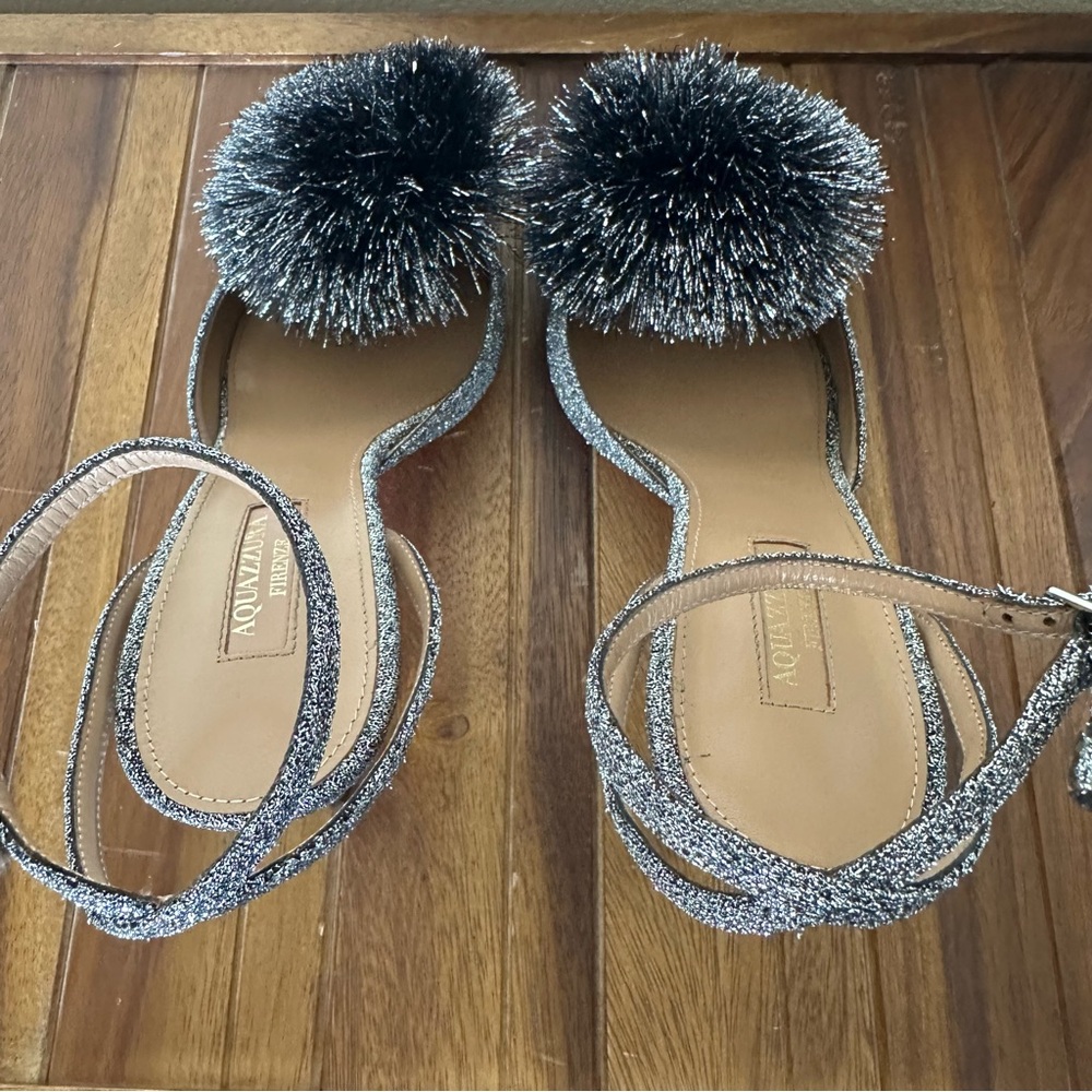 Aquazzura Firenze Silver Sparkly Metallic Powder Puff Slingback 38.5 - Picture 12 of 16